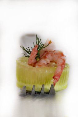 Karides peynirli salatalık rulosu ve çatallı dereotu. Hafif arkaplan.