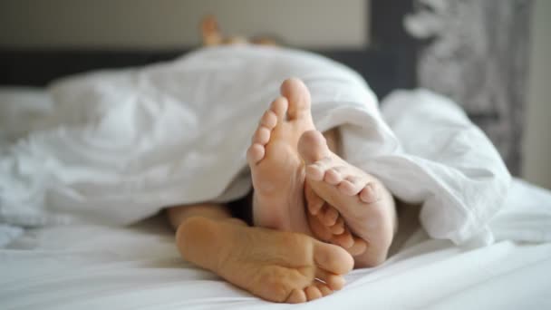 Prise de vue de pieds copain et copine couché dans le lit sous la couverture . — Video