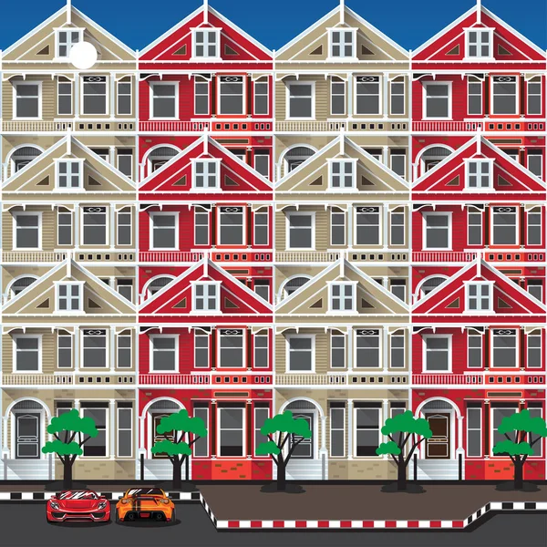 Ilustraciones de edificios vectoriales en vista frontal con árboles verdes en — Vector de stock