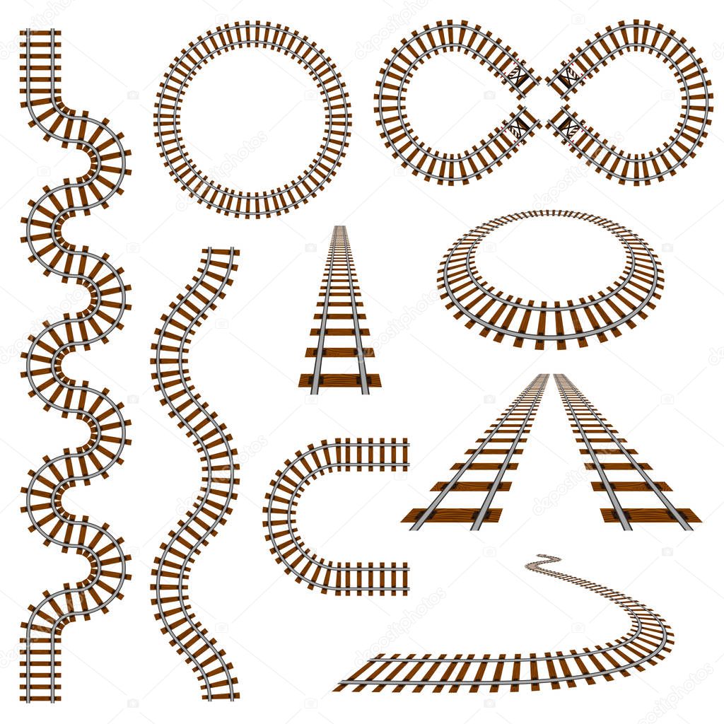 Set of old railroad curves, perspectives, turns, twists, circles and elements, vector illustration of rail transport path motives isolated on white. Simple vintage railroad vector collection.