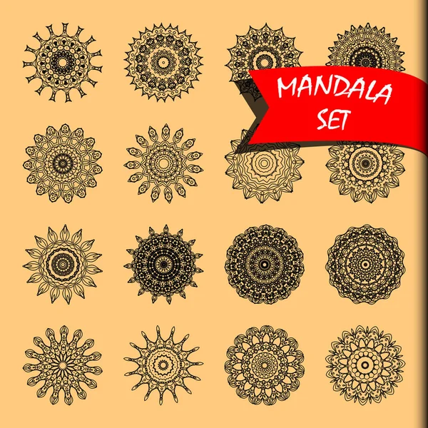 Línea mandala set vector ilustración. Objetos rotatorios. Rosetas decorativas. Tíbet geométrico o elementos de estilo árabe. Geometría sagrada como objetos. Vortex, colección mandala . — Archivo Imágenes Vectoriales