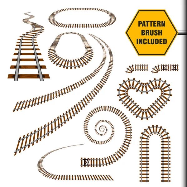 Illustration vectorielle qui comprend l'ancienne frontière ferroviaire, brosse de motif ferroviaire et courbes prêtes à l'emploi, perspectives, virages, torsions, boucles, éléments, tous les motifs de chemin de transport ferroviaire isolés sur blanc . — Image vectorielle