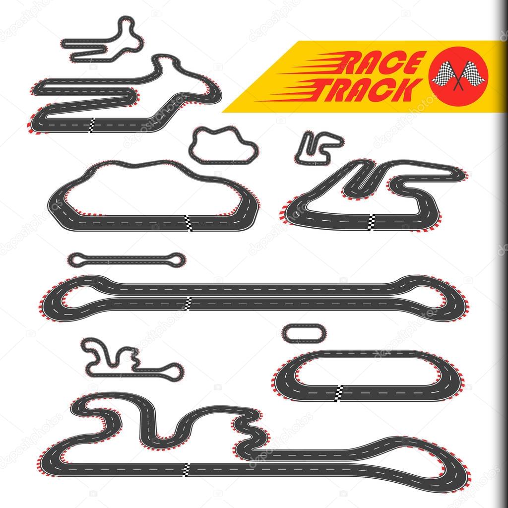 Race track, racing loop or race circuit, car racetrack collection. Turbo challenge vector illustration set. For toy, modeling, package, sport, gift, transportation, car, bolide, dragster, game design.