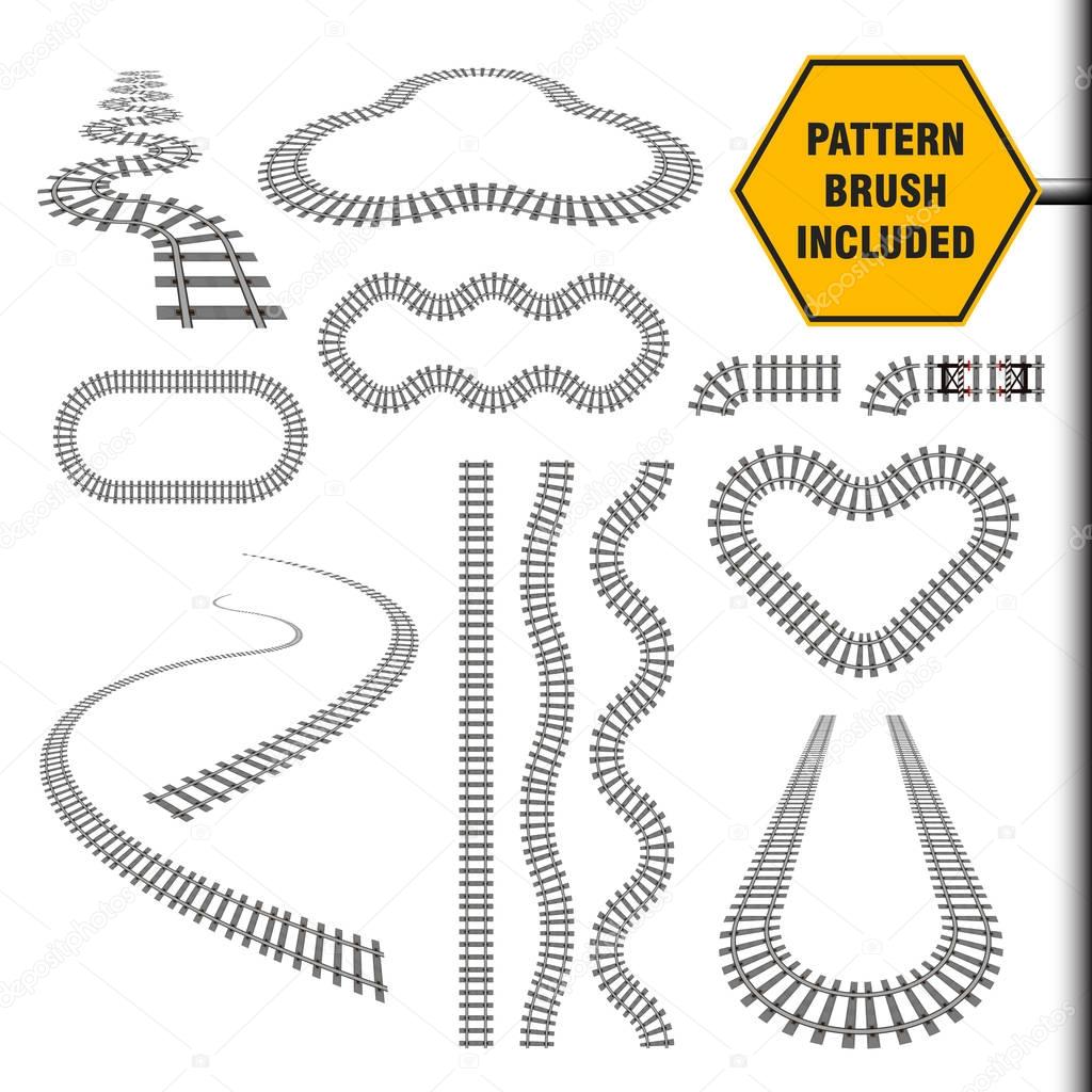 Vector illustration that include new railway border, railroad pattern brush and ready for use curves, perspectives, turns, twists, loops, elements, all rail transport path motives isolated on white.