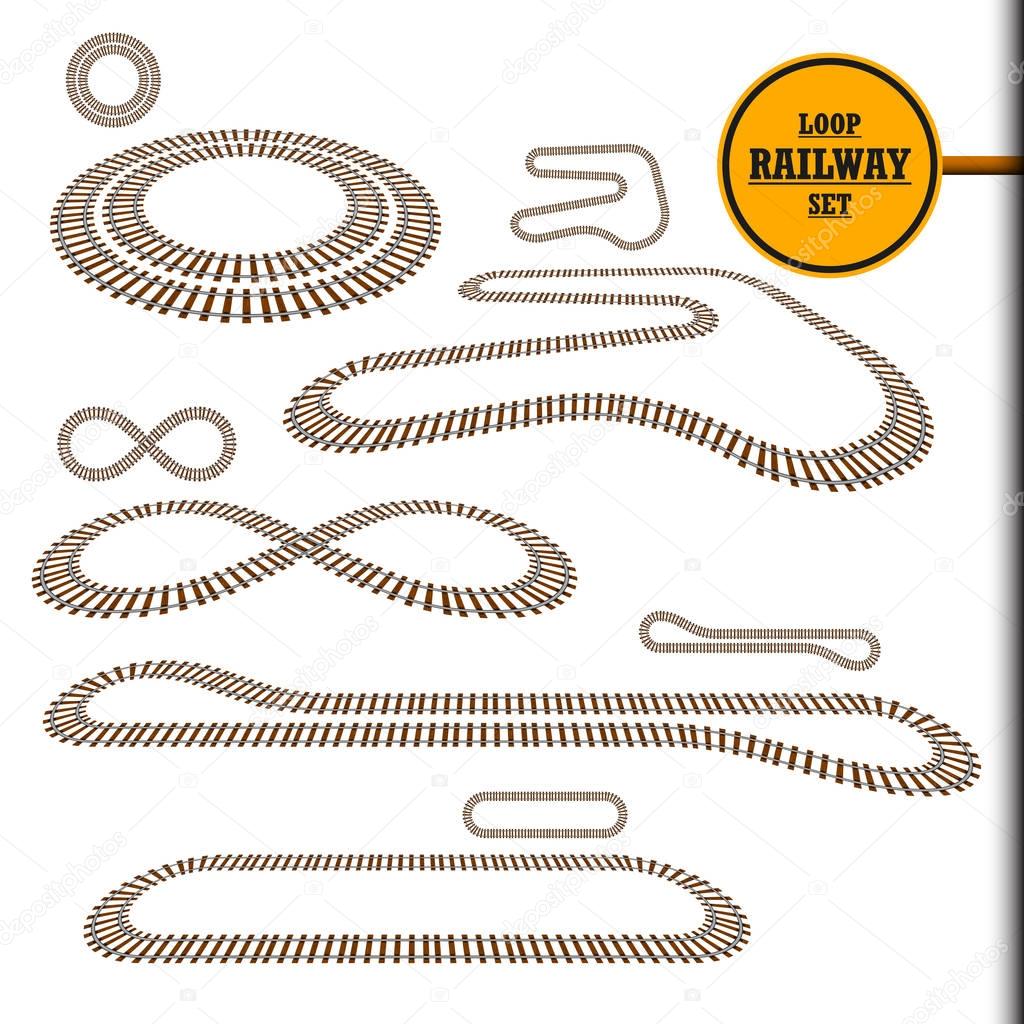 Old railroad loop set, railway track, perspective, curve and turn design element collection, transportation vector illustration. Looped train paths set for toy, modeling, decoration, web, gift uses.
