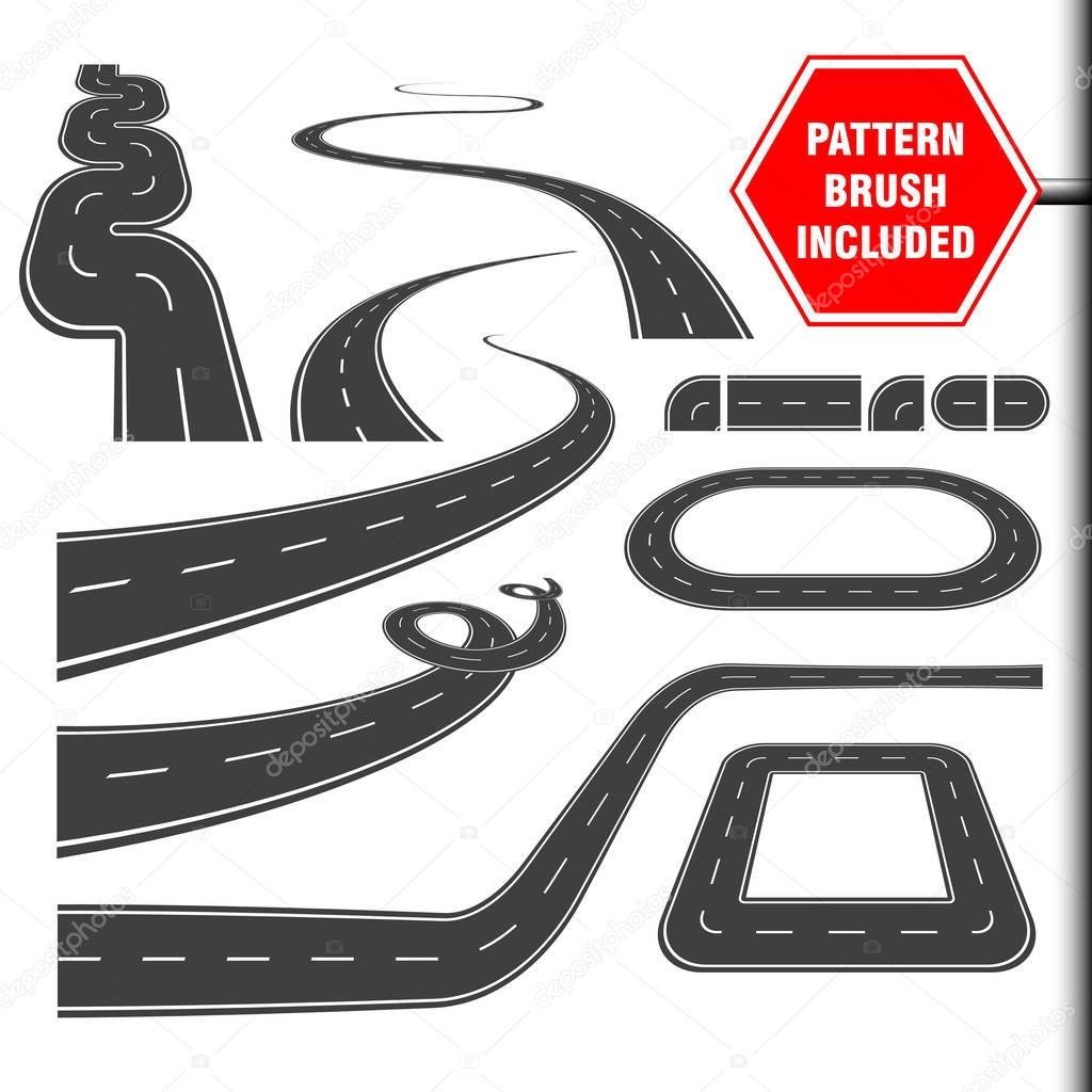 Vector illustration that include highway border, asphalt road pattern brush and ready for use curves, perspectives, turns, twists, loops, elements, road with white markings, isolated on white.