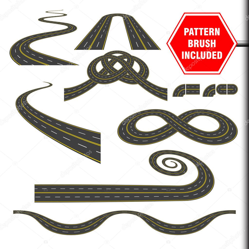 Vector illustration include highway border, asphalt road pattern brush and ready for use curves, perspectives, turns, twists, loops, elements, road with yellow and white markings, isolated on white.