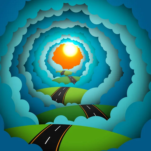 Värillinen paperi tekniikka sininen pilvet ja aurinko taivaalla, luonto s — vektorikuva