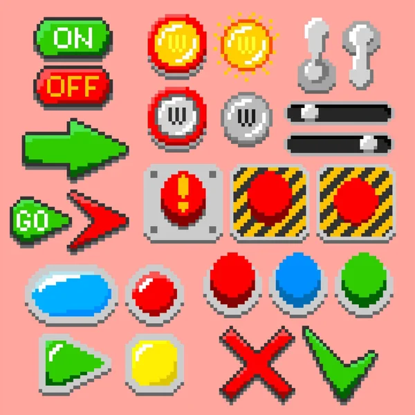 Pixel art arrows, buttons, 8-bit elements. — Stock Vector