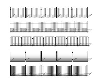 Various simple metal, wrought iron or steel fence silhouettes with shdows. clipart