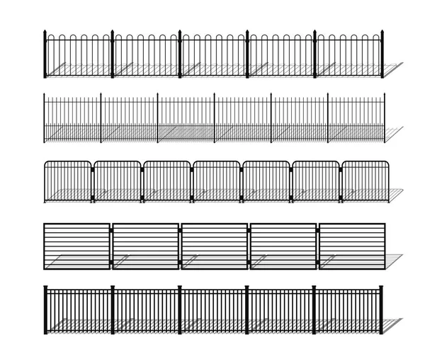 Various simple metal, wrought iron or steel fence silhouettes with shdows. — Stock Vector