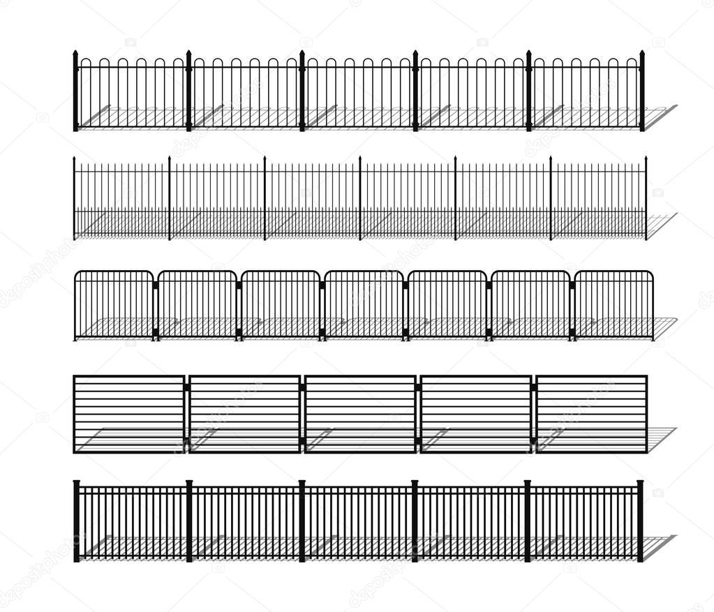 Various simple metal, wrought iron or steel fence silhouettes with shdows.
