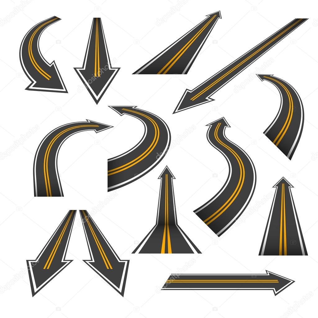 Road arrow set. Arrow roads with yellow markings.
