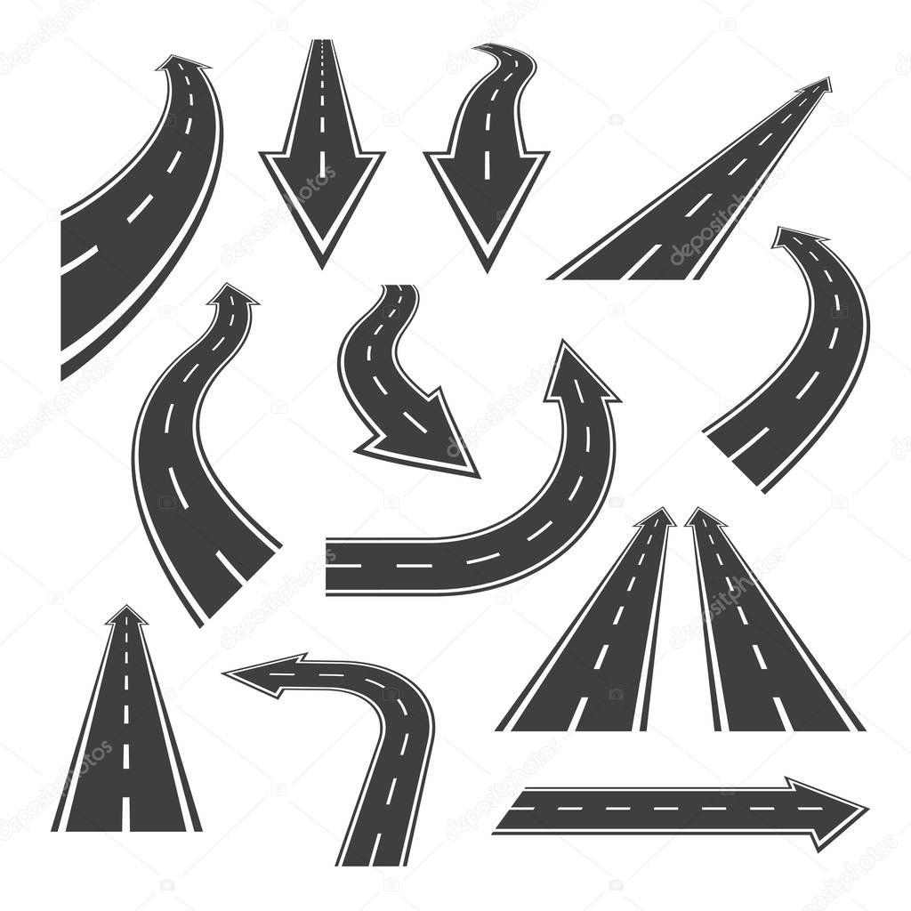 Arrow road set. Road arrows with white markings, an illustrations  in a form of various turns, directions and perspectives. Nice arrow alike road themed vector design elements isolated on white.