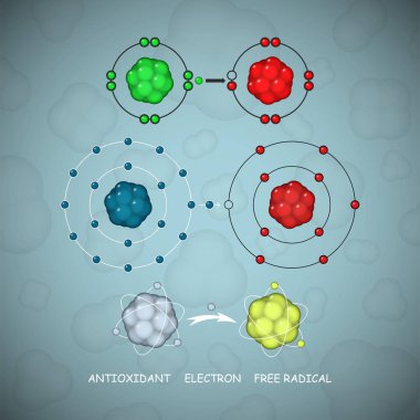 Antioksidan ve serbest radikal molekül veya Atom kümesi vektör