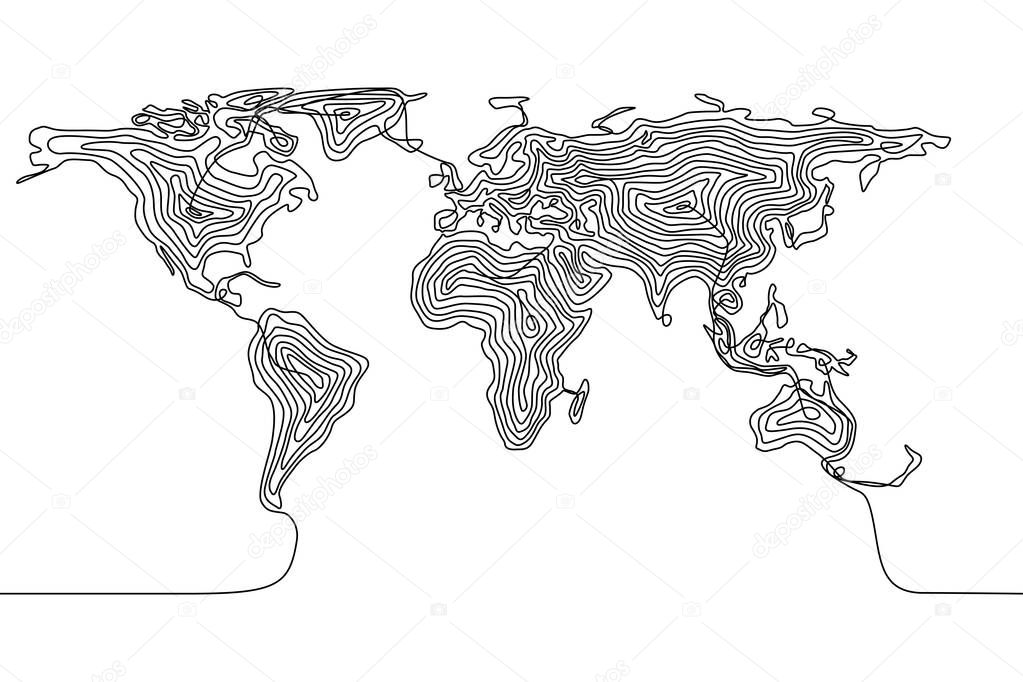 Continuous line drawing of a world map, single line Earth