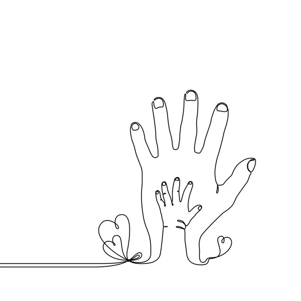 Garis terus-menerus menggambar tangan bayi pada tangan orang tua - Stok Vektor
