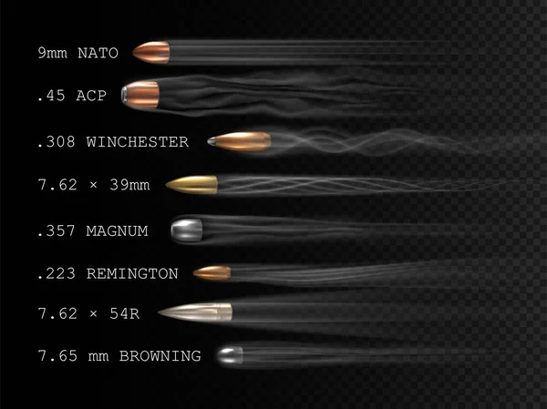 Bala Voadora Realista Com Vestígios Fumo Inscrições Calibre Conjunto Balas — Vetor de Stock
