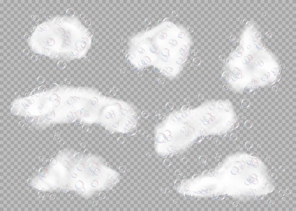 Vločky Bílé Mýdlové Pěny Bublinami Vektorové Ilustrace Set Koupel Šampon — Stockový vektor