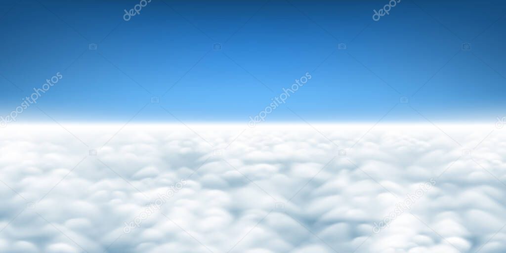 Above the clouds panorama vector, cloudscape view from above, plane flight view of clouds, sky and horizon