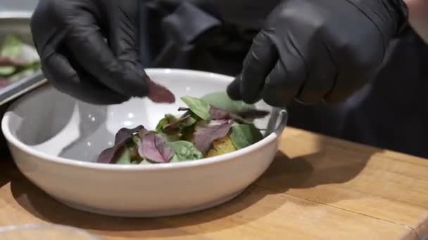 Chef siert zijn speciale vis schotel met enkele groenen. — Stockvideo