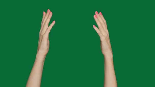 Womans mão aplausos, aplausos no fundo tela verde, chave chroma . — Vídeo de Stock