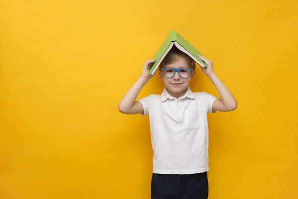 Lindo niño de la escuela en gafas sosteniendo libro en su cabeza sobre fondo amarillo,, espacio de copia — Foto de Stock