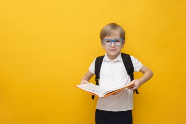 Gözlüklü şirin bir okul çocuğu sarı arka plan üzerine kitap tutuyor. Okul konseptine dönelim..