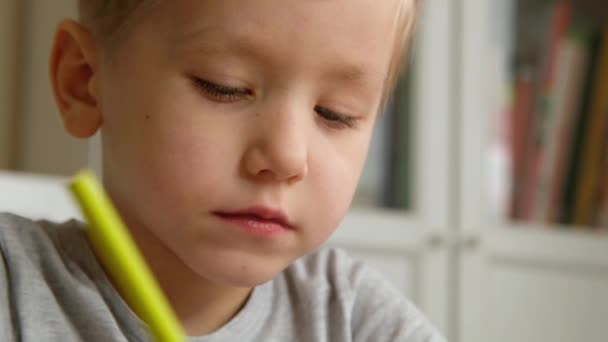 Niño en edad preescolar, sosteniendo el lápiz, dibujando o haciendo la tarea en la mesa. De cerca. — Vídeos de Stock