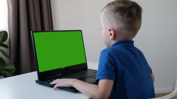 远程在线教育。可爱的高加索男孩在电脑上做作业，而检疫流行性日冕病毒，绿色屏幕 — 图库视频影像