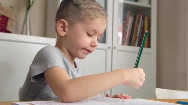 Малыш дошкольного возраста, держит карандаш, рисует или делает домашнюю работу за столом. Закрыть — стоковое видео