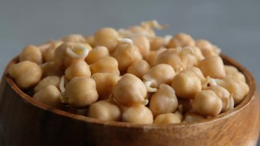 Tahta bir kasede fasulye filizleri ya da nohut tohumları, yakın çekim. Vejetaryen diyeti ve sağlıklı yemek.