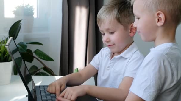 Bonitos meninos aprendendo ou brincando no computador, conceito de educação à distância — Vídeo de Stock