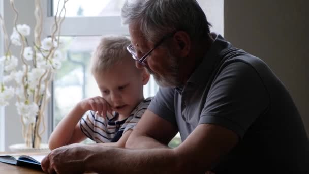 Abuelo hombre mayor leyendo un libro con su nieto — Vídeos de Stock