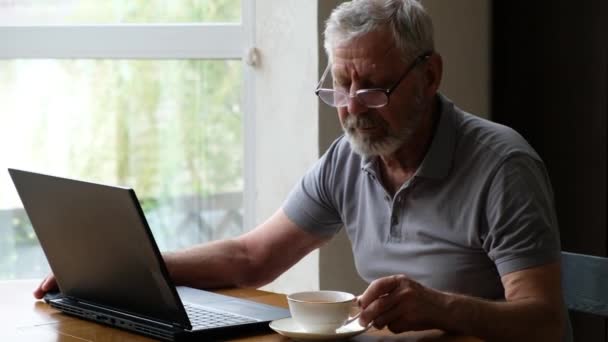 Senoir homem idoso em óculos sentado à mesa e olhando para laptop — Vídeo de Stock