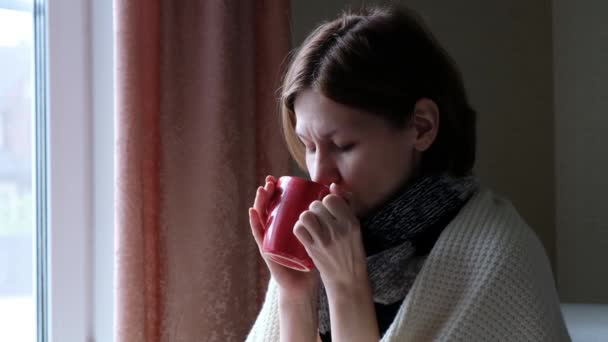 Хвора жінка лежить на дивані з високою температурою і п'є гарячий чай. Застуда, вірус, ковадла або інфекція — стокове відео