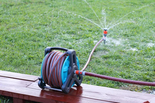 Reel with hose and sprinkler are in the garden. — Stock Photo, Image