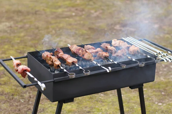 Meat on skewers fried on the grill in the garden.