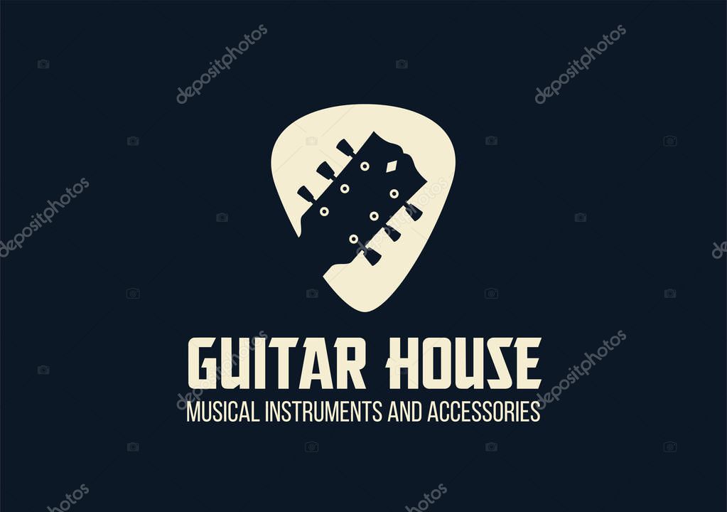 Vector outline logo with bass guitar head in plectrum shape. For music blog, music store, shop of musical instruments