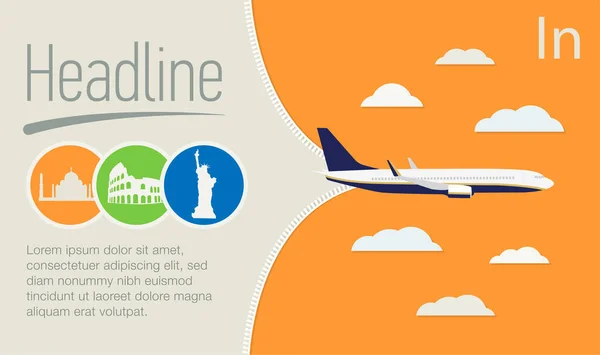 Turizm, seyahat acentası poster. Turuncu gökyüzünde uçak