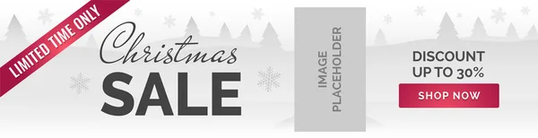 Noel satışı büyük başlığı. Beyaz arka plan, kar taneleri, ağaçlar, resim yer tutucusu