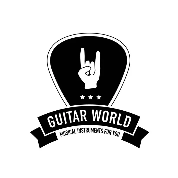 Gitar dünya müzik logo mızrap şekil kurdele ile. Müzik aletleri mağazası için en iyi