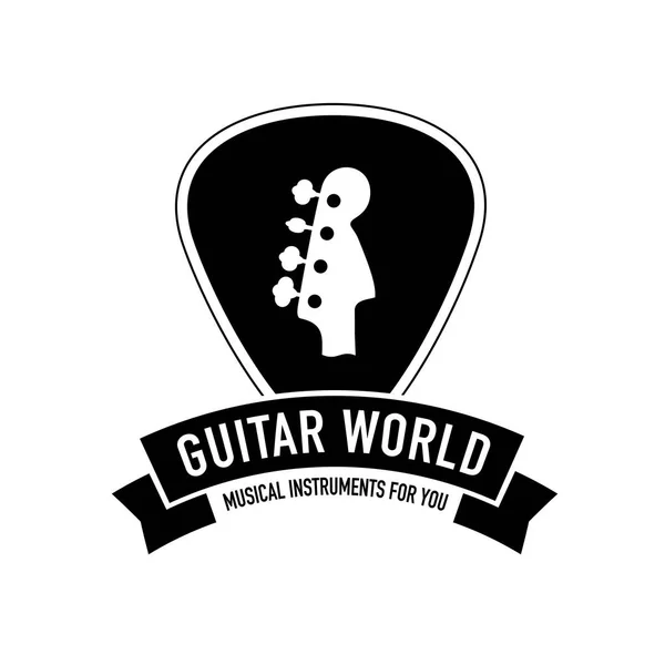 Gitar dünya müzik logo mızrap şekil kurdele ile. Müzik aletleri mağazası için en iyi — Stok Vektör