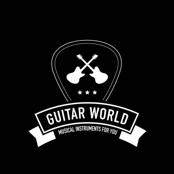 Gitar dünya müzik logo mızrap şekil kurdele ile. Müzik aletleri mağazası için en iyi