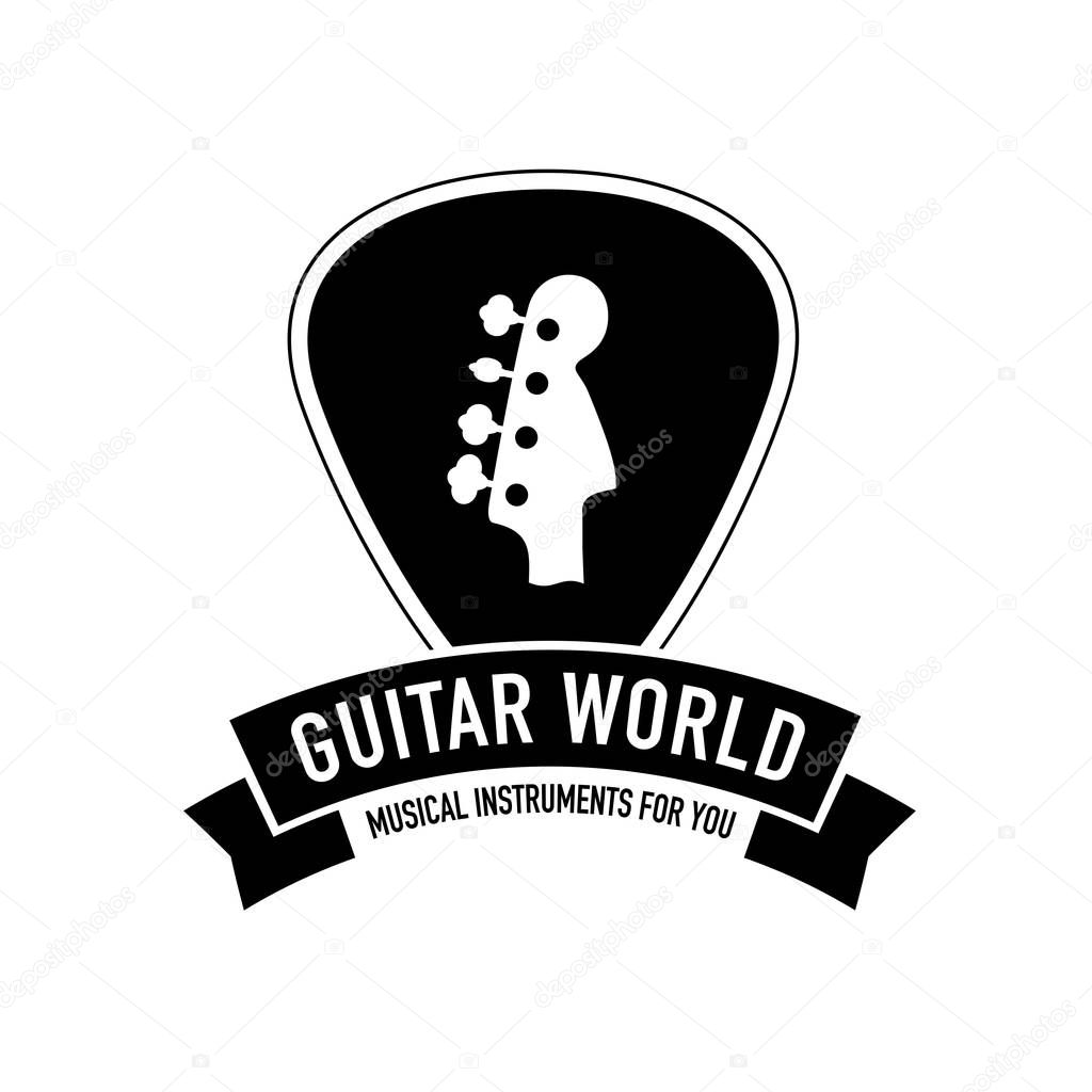 Plectrum shape with ribbon and guitar neck logo best for musical instruments shop, music store, music blog
