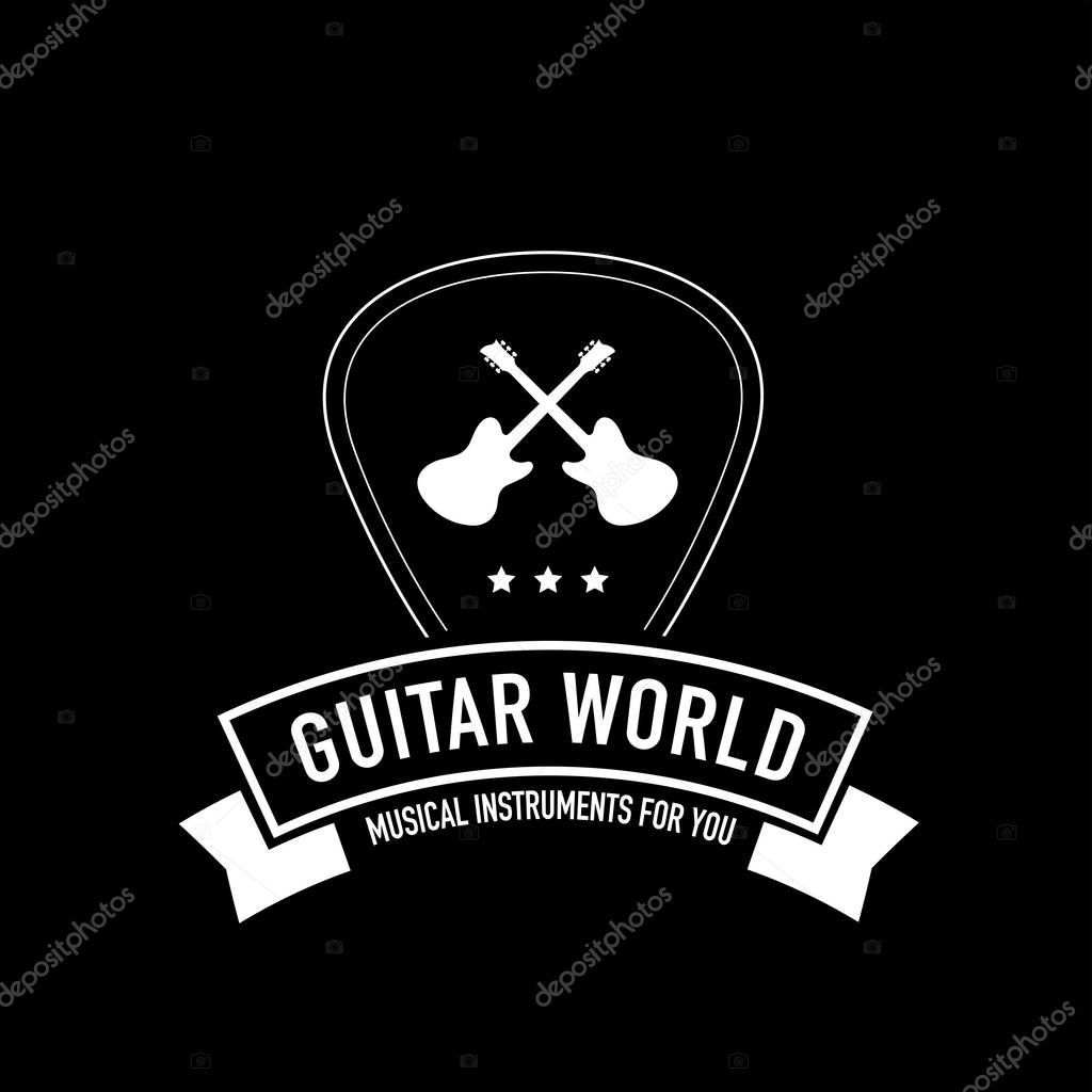 Plectrum shape with ribbon and guitar neck logo best for musical instruments shop, music store, music blog