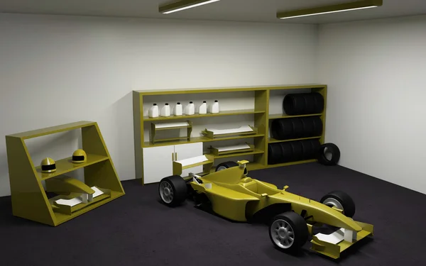 Yarış araba garajında. 3D render. — Stok fotoğraf