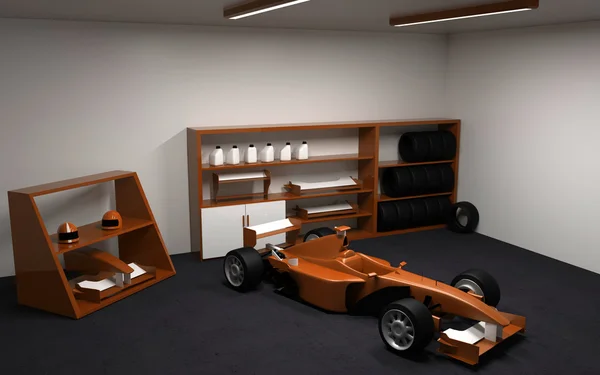 Racewagen in garage. 3D-rendering. — Stockfoto