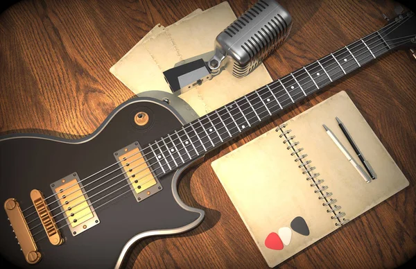 Guitarra e microfone 3D renderização . — Fotografia de Stock