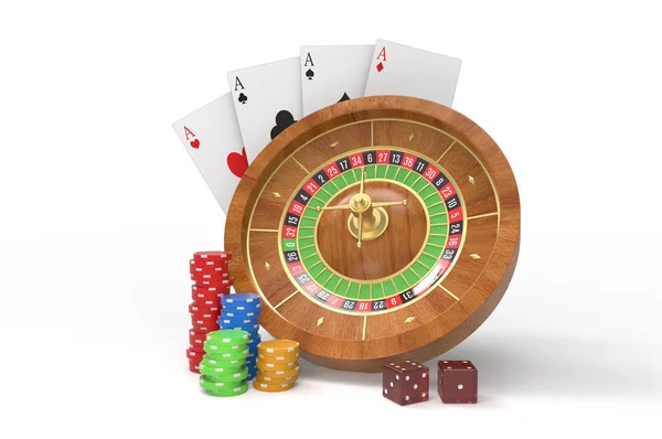 Koncept ruleta. Karty, kostky, peníze, mince. 3D vykreslování. — Stock fotografie